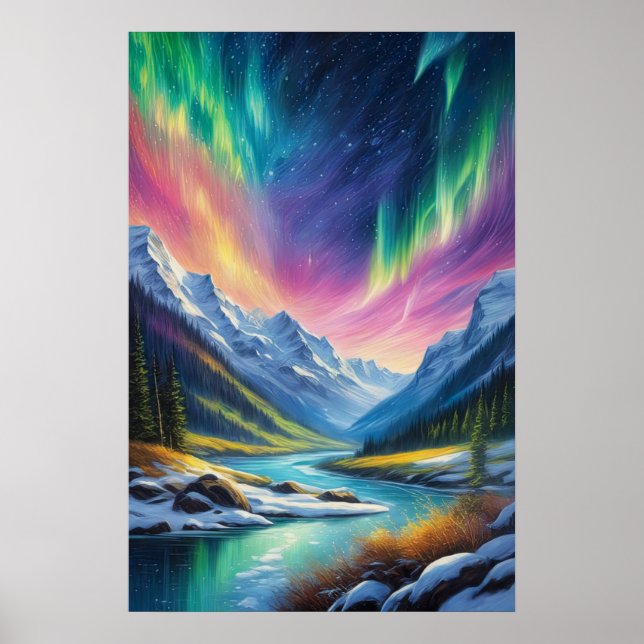 Northern Lights Over Snowy Valley Poster (Front)