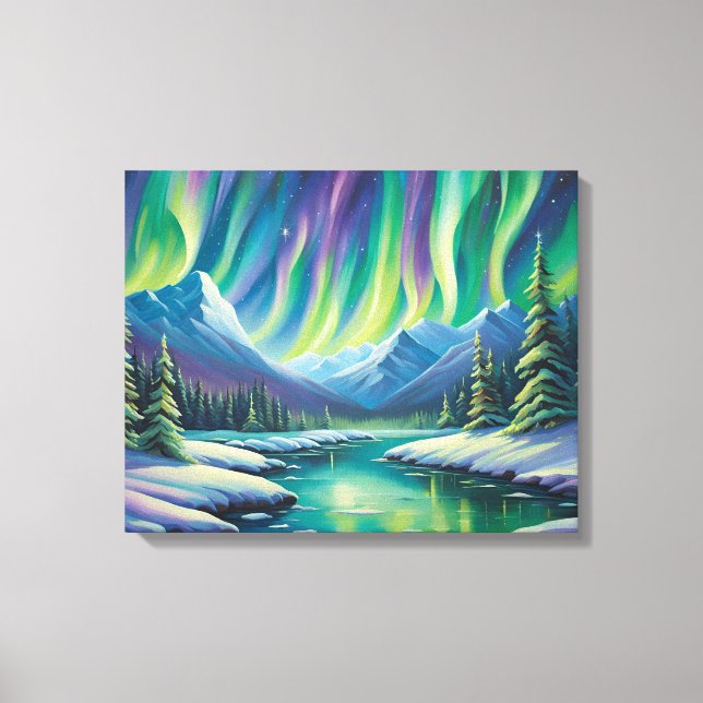 Northern Lights Over The Mountains Canvas Print (Front)