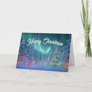 Northern Lights Pastel Trees Merry Christmas Holiday Card