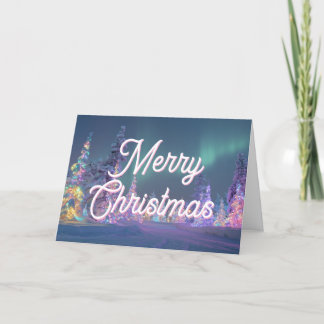 Northern Lights Pastel Trees Merry Christmas Holiday Card
