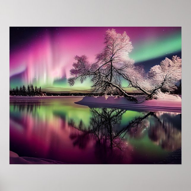 Northern Lights & Peaceful Lake Poster (Front)