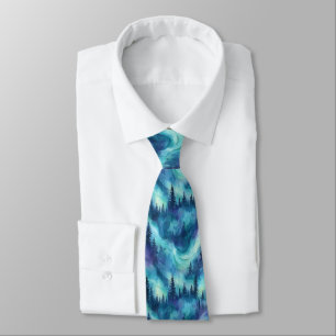 Northern Lights Pine Forest Winter Night Glow Neck Tie