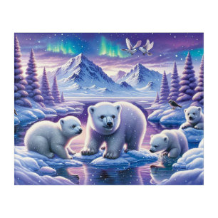 Northern Lights Polar Bear Cubs in Snowy Landscape Acrylic Print