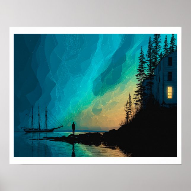 Northern Lights, sloop by the sea, interior light Poster (Front)