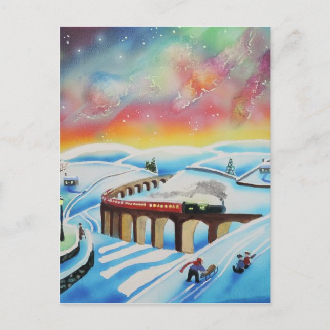Northern lights train landscape painting postcard (Front)