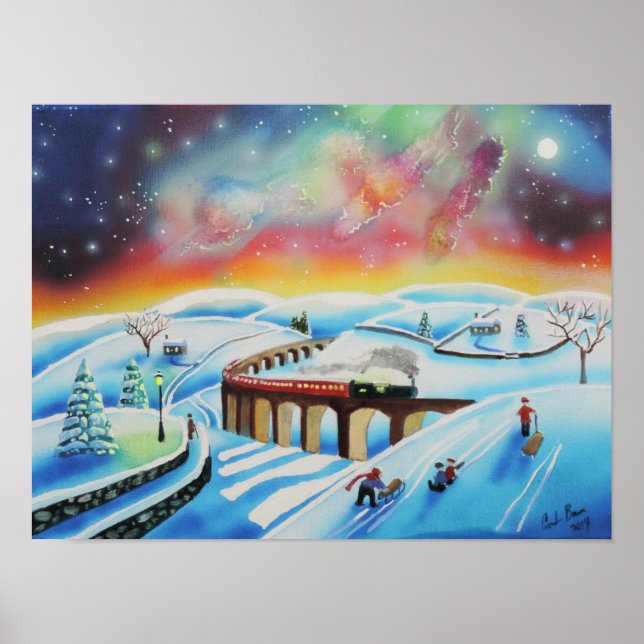 Northern lights train landscape painting poster (Front)