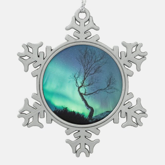 Northern Lights Tree Snowflake Pewter Christmas Ornament (Front)