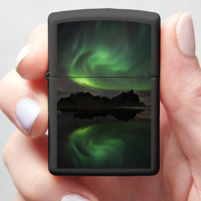 Northern Lights | Vestrahorn Beach Hofn, Iceland Zippo Lighter (In Hand)