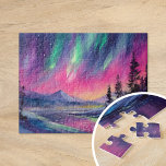 Northern Lights Vibrant Abstract Night Landscape Jigsaw Puzzle<br><div class="desc">A stunning modern landscape painting of the night sky illuminated by the northern lights, featuring vibrant colors and dynamic, abstract brushstrokes. The swirling, energetic strokes capture the movement of the aurora borealis, creating a sense of wonder and awe. The bold use of color and expressive technique bring the natural beauty...</div>