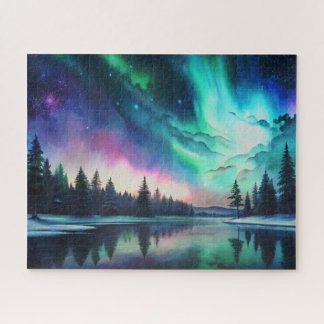 Northern Lights, Watercolor Aurora Borealis Jigsaw Puzzle