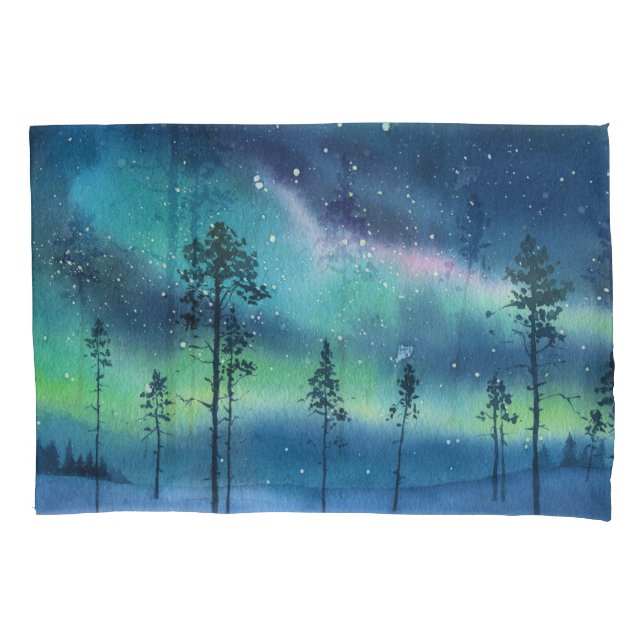 Northern lights, watercolor landscape pillow case (Front)