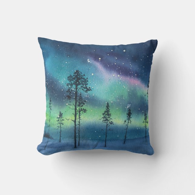 Northern lights, watercolor landscape throw pillow (Front)