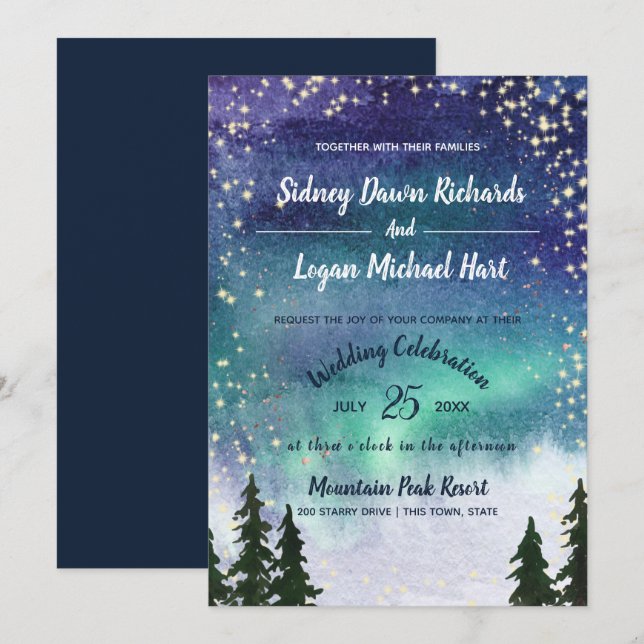 Northern Lights Watercolor Starry Sky Invitation (Front/Back)