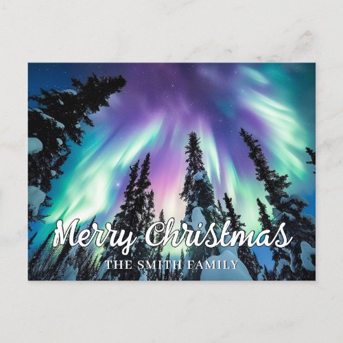 Northern Lights Winter Forest Merry Christmas Postcard