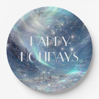 Northern Lights Winter Scene Happy Holidays Paper Plates