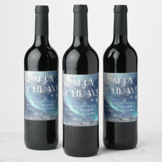 Northern Lights Winter Scene Happy Holidays Wine Label