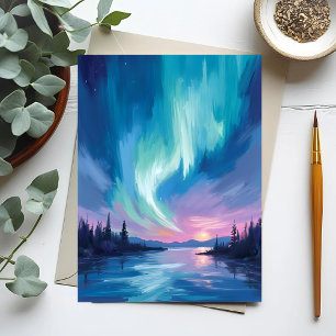 Northern Lights Winter Watercolor Postcard