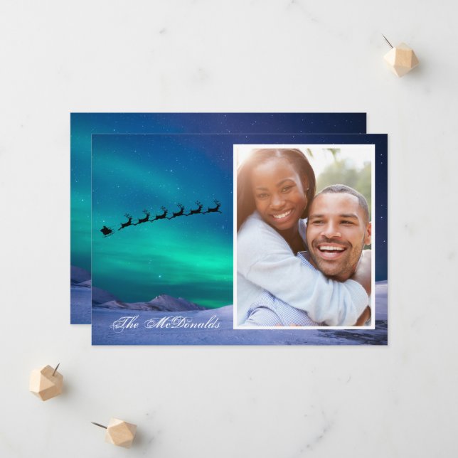 Northern Lights with Santa and Sleigh your photo Announcement (Front/Back In Situ)