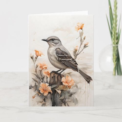 Northern Mockingbird Resting Among Flowers Blank Card