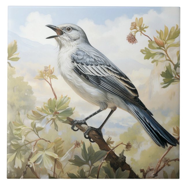 Northern Mockingbird, Singing bird Ceramic Tile (Front)