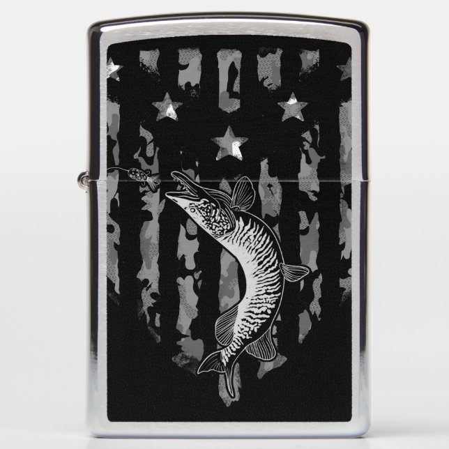 Northern Pike Tiger Musky Fishing Camuflage Flag Zippo Lighter (Front)