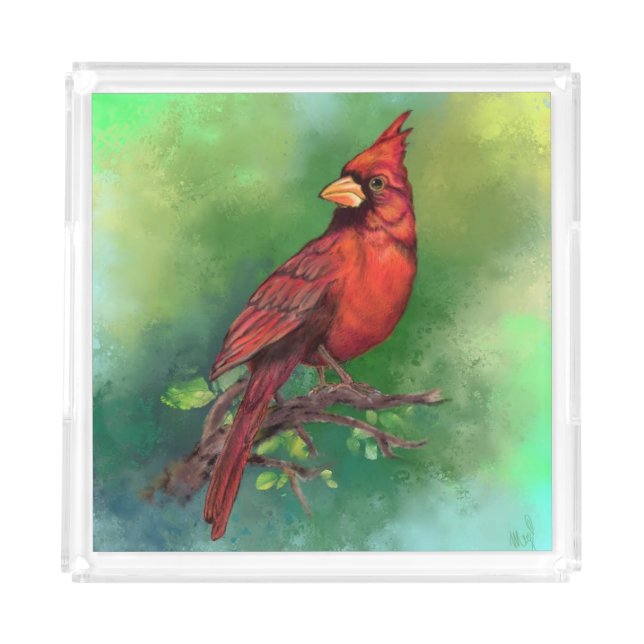 Northern Red Cardinal Bird Acrylic Tray (Front)