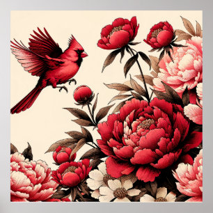 Northern Red Cardinal Bird Peonies Peony Flower Poster