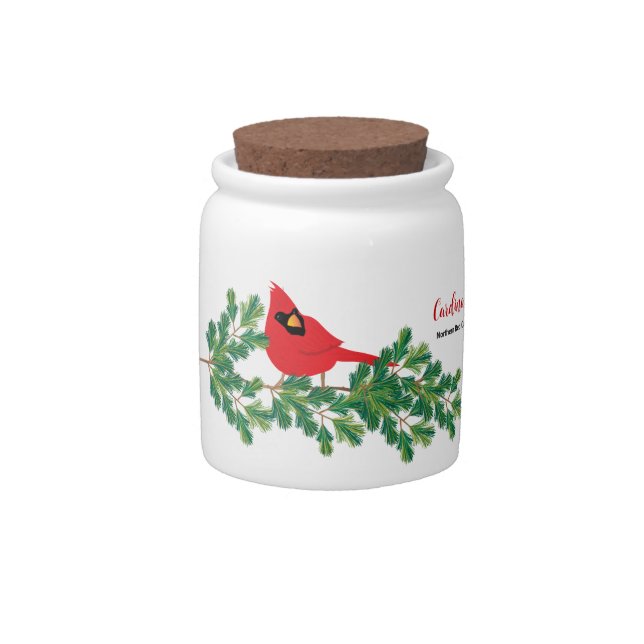 Northern Red Cardinal Bird Pine Branch Candy Jar (Front)