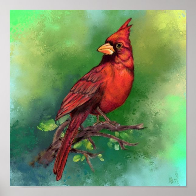 Northern Red Cardinal Bird Poster Painting (Front)