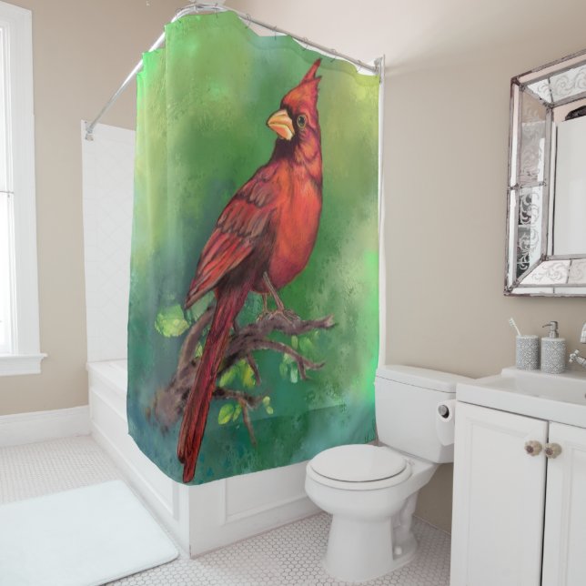 Northern Red Cardinal Bird Shower Curtain Painting (In Situ)