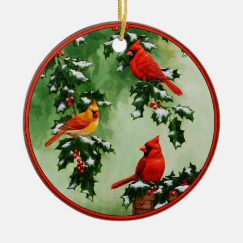 Northern Red Cardinals and Holly Ceramic Ornament