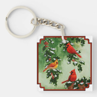 Northern Red Cardinals and Holly Keychain