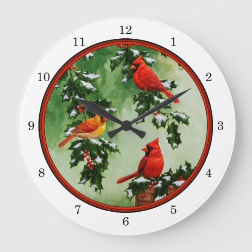 Northern Red Cardinals and Holly Large Clock