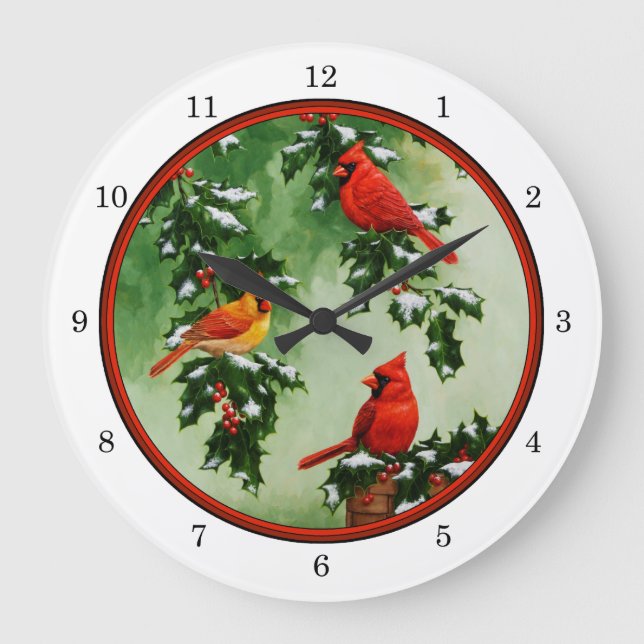 Northern Red Cardinals and Holly Large Clock (Front)