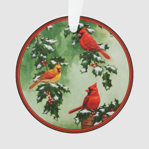 Northern Red Cardinals and Holly Ornament