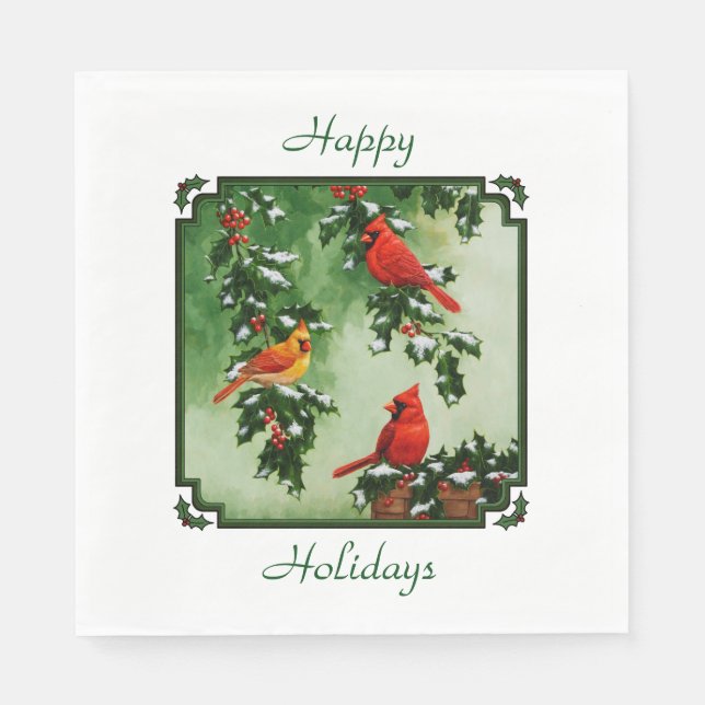 Northern Red Cardinals and Holly Paper Napkins (Front)