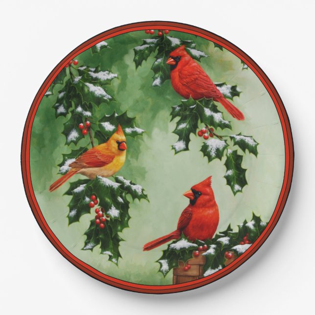 Northern Red Cardinals and Holly Paper Plates (Front)