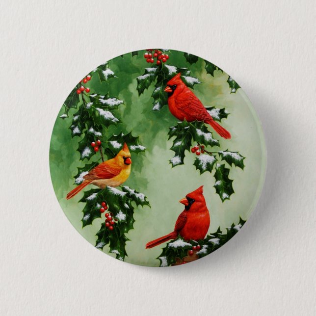 Northern Red Cardinals and Holly Pinback Button (Front)
