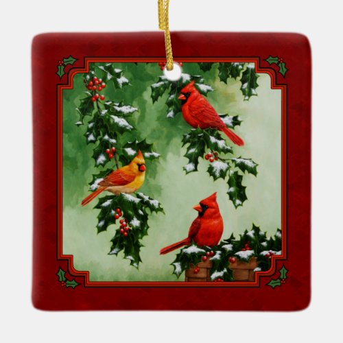 Northern Red Cardinals and Holly Red Ceramic Ornament
