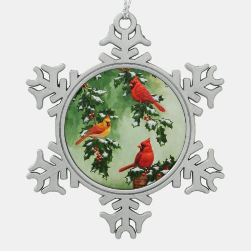 Northern Red Cardinals and Holly Snowflake Pewter Christmas Ornament