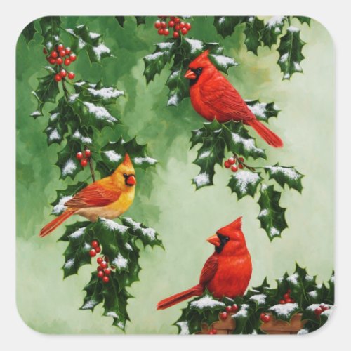 Northern Red Cardinals and Holly Square Sticker