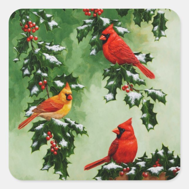 Northern Red Cardinals and Holly Square Sticker (Front)