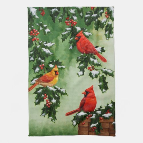 Northern Red Cardinals and Holly Towel