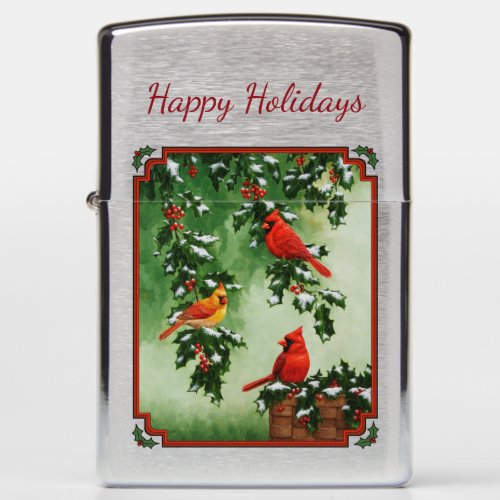 Northern Red Cardinals and Holly Zippo Lighter