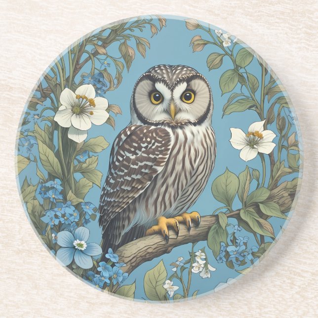 Northern Saw-Whet Owl William Morris Inspired Coaster (Front)