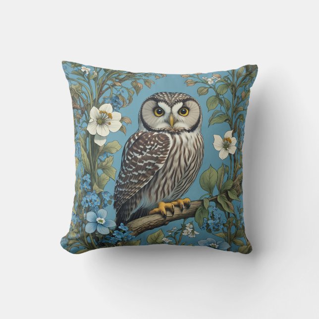 Northern Saw-Whet Owl William Morris Inspired Throw Pillow (Front)