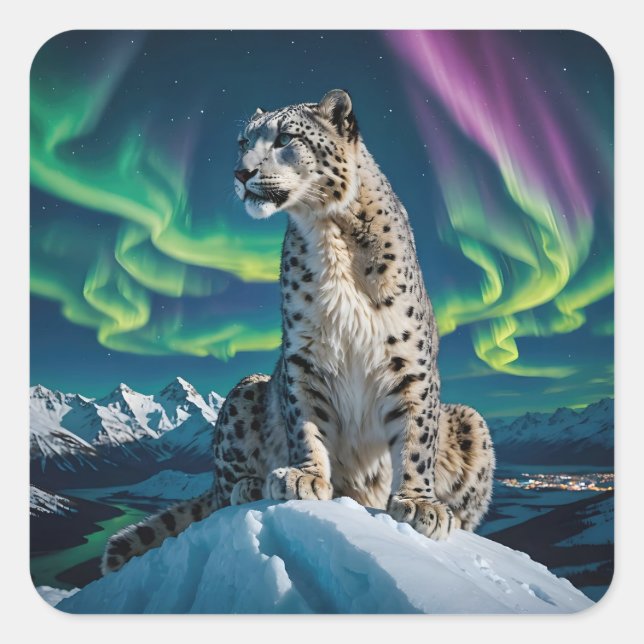 “Northern Sky Wanderer” – Snow Leopard Portrait Square Sticker (Front)