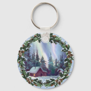 NORTHERNLIGHTS LOG CABIN & WREATH by SHARON SHARPE Keychain