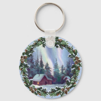 NORTHERNLIGHTS LOG CABIN & WREATH by SHARON SHARPE Keychain