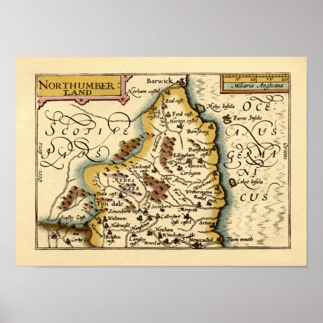 Northumberland County England Old Antiquarian Map Poster (Front)